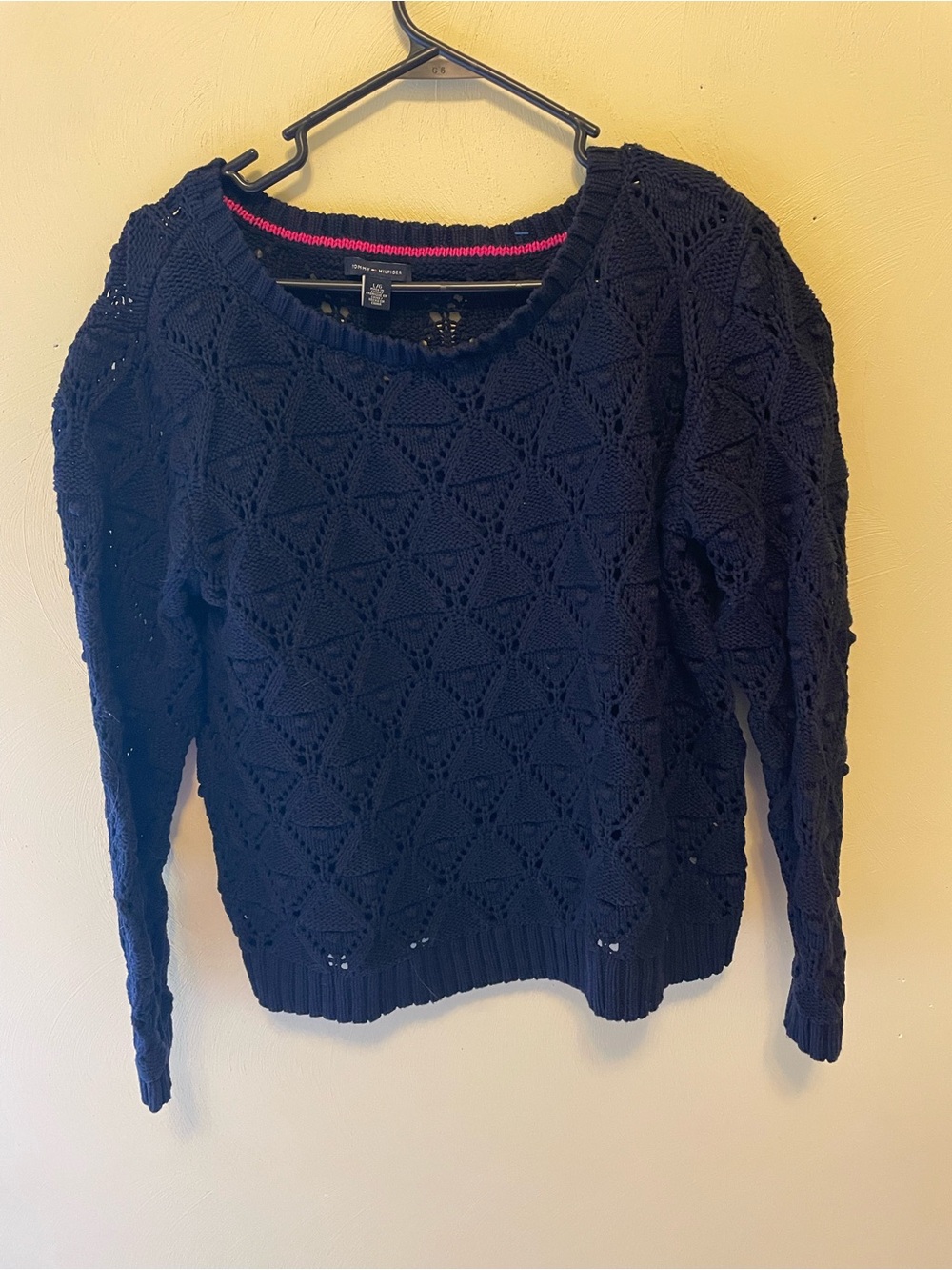 Tommy Hilfiger Navy Knit Sweater with Pink Stripe